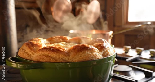 Freshly baked souffl? rising in a green dish on a rustic kitchen stove with steam