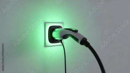 Close-up Of Electric Vehicle Charger Plugged Into Illuminated Wall Socket Showing Charging With Green Light Used To Illustrate Sustainable Energy Alternative Transportation Charging
