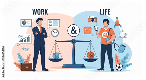 A detailed vector illustration shows a man in a suit next to work icons and a casual man next to lifestyle icons balanced on a large central scale.