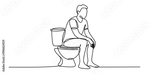 A continuous line drawing of a person sitting on a toilet representing a daily bathroom routine Vector, illustration