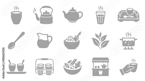 Collection of Indian tea culture icons, including teacups, teapots, kettles, spices, and street vendors.