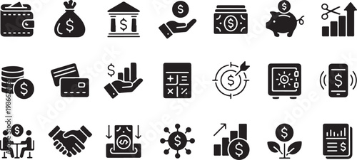 Collection of modern financial icons and symbols for business and money management purposes vector graphic