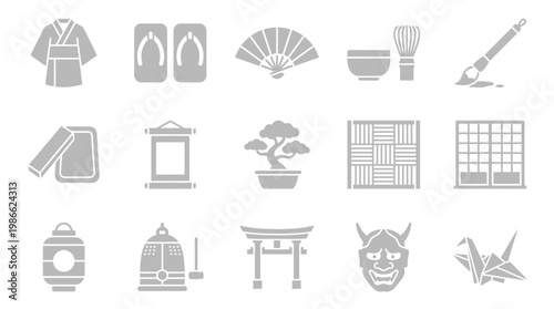 A collection of Japanese cultural icons and symbols presented in a clean, minimalist grey silhouette style on a white background.