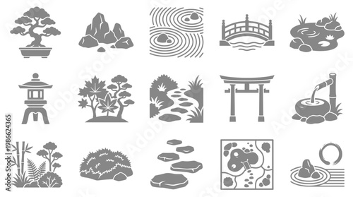 Collection of Japanese garden elements and symbols, including bonsai trees, stone lanterns, torii gates, and raked sand patterns.