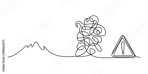 A single continuous line drawing depicting a chaotic scribble moving toward a warning sign icon Vector, illustration