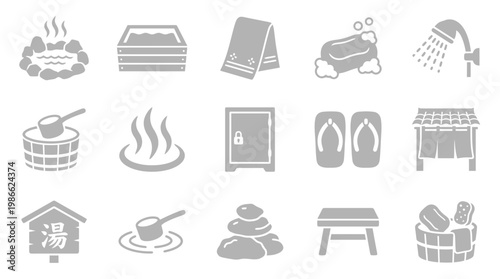A collection of 15 Japanese onsen and bathhouse icons, including hot springs, bathtubs, towels, soap, showers, buckets, lockers, sandals, and steam.