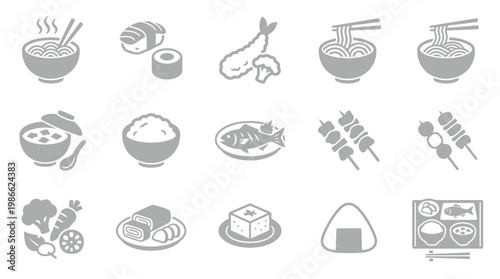 A collection of 15 Japanese food icons, including sushi, ramen, tempura, rice, and miso soup, presented in a simple, monochromatic style.