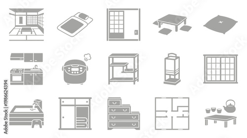 Collection of Japanese interior design elements and furniture, including tatami rooms, shoji screens, futons, and traditional appliances.