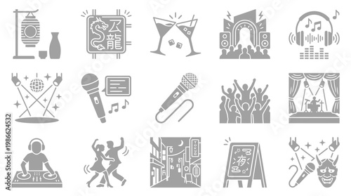 A collection of 15 grey icons representing various aspects of nightlife, entertainment, and celebration.