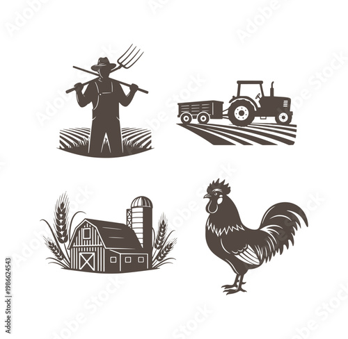 farm icons including rooster tractor barn and farmer with pitchfork on white background