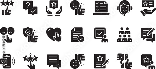 A vector graphic illustration of various rating and feedback icons for business and service reviews