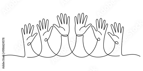 Continuous line drawing illustration of many human hands raised up in a gesture of unity together Vector, illustration