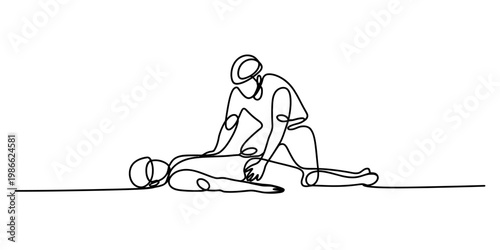 Continuous line drawing of a trained medical professional performing chest compressions on patient Vector, illustration