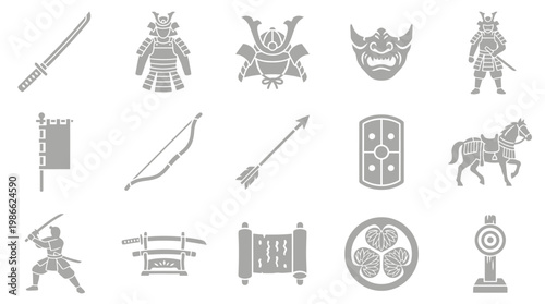 Collection of stylized Japanese samurai warrior icons and symbols, including swords, armor, helmets, masks, flags, bows, arrows, shields, horses, scrolls, and crests.