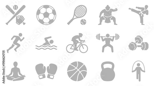 A collection of diverse sports and fitness icons representing various athletic activities and exercise equipment.