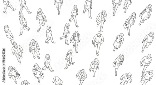 Abstract Crowd People Walking Top View Sketch.