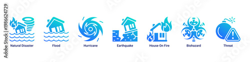 Disaster Impact web banner icon vector illustration with icons of Natural Disaster, Flood, Hurricane, Earthquake, House On Fire, Biohazard and Threat