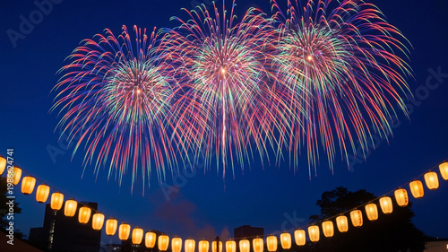 Colorful Fireworks Over Japanese Lanterns at Summer Festival Night Background