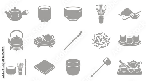 Collection of Japanese tea ceremony utensils and matcha powder, illustrating traditional preparation and serving methods.