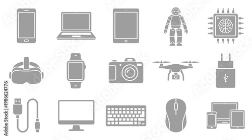 A collection of 15 gray icons representing various modern electronic devices and technological components, arranged in a grid.