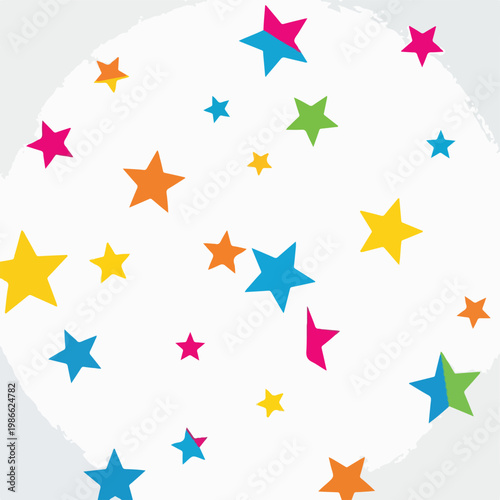 A white circle with colorful stars on a gray background