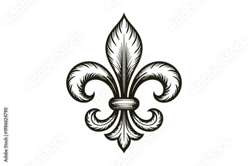 Fleur de lis vintage heraldic lily emblem isolated on transparent grid background.