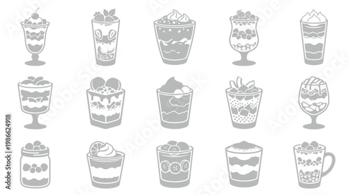A collection of 15 stylized, monochrome illustrations of various layered desserts in glasses and cups, showcasing different textures and toppings.