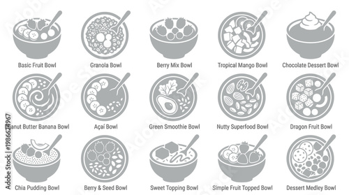 A collection of 15 distinct illustrations of various healthy smoothie bowls, each showcasing unique fruit and topping combinations.