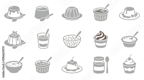 A collection of 15 stylized, monochromatic icons representing various desserts and puddings, each served in individual dishes or bowls with spoons.