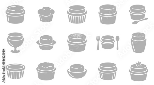 A collection of 15 grey icons representing various types of containers and serving dishes, including ramekins, cups, and jars, suitable for culinary or food-related themes.