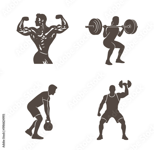 Silhouette of people exercising with weights and dumbbells in various poses