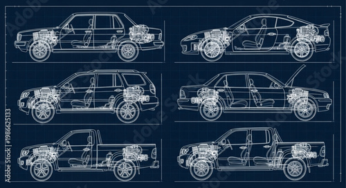 Automotive Engineering Blueprint Schematics of Various Vehicles.