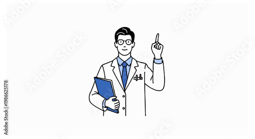 A male doctor in a lab coat pointing up and holding a blue folder.