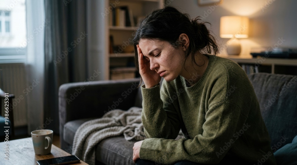 Obraz premium A woman sits on a couch, holding her head in her hand with a distressed expression. She wears a green sweater and looks sad.