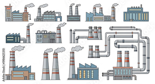 Collection of Industrial Factory Buildings and Pipes Illustration.
