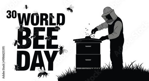 World Bee Day illustration featuring a beekeeper tending to a beehive surrounded by bees