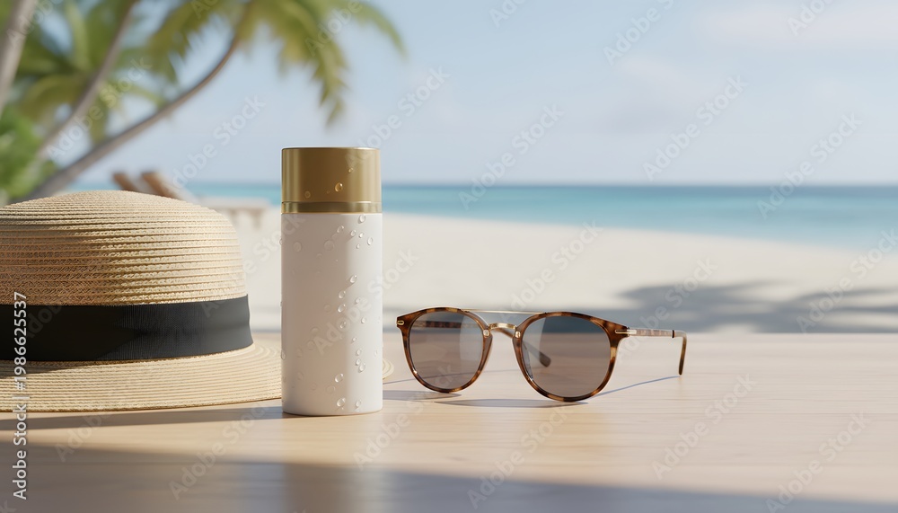 Obraz premium Premium sunscreen bottle with water droplets next to a straw hat and sunglasses on wooden table for tropical beach safety and sun protection concept during summer vacation