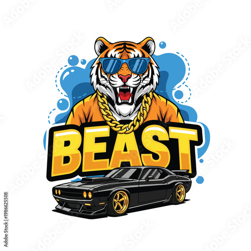 Cool Tiger Beast Illustration with Muscle Car and Gold Chain.