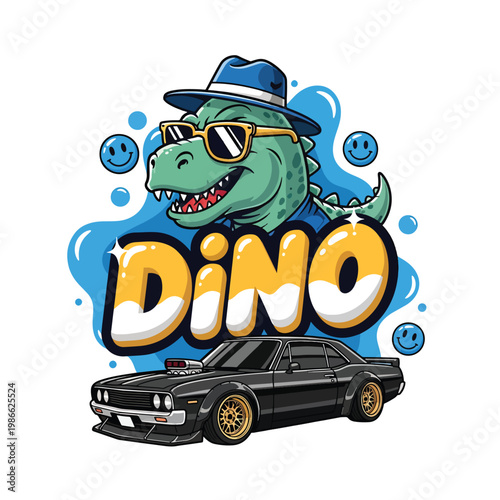 Cool Tyrannosaurus Rex Wearing Sunglasses and Fedora Hat with Vintage Muscle Car.