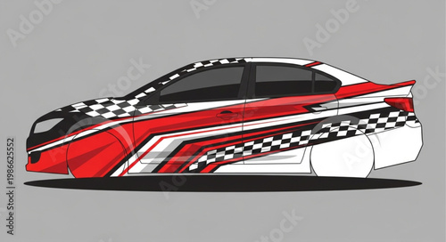 Red and white racing car with checkered flag graphics.