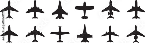Various vector illustrations of different airplane designs and models in black