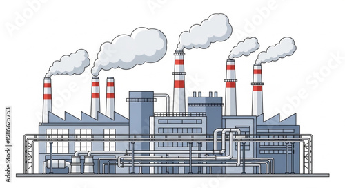 Industrial factory with smoke stacks emitting pollution.