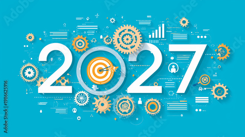 2027 Number with Wooden Gears and Business Icons on Blue Background, New Year Growth Planning and Success Strategy Concept