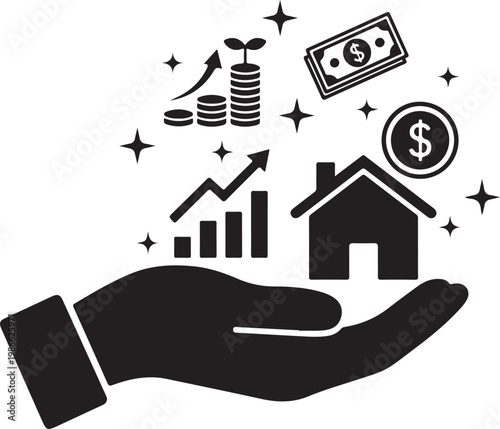 Hand holding financial growth and investment icons including house and money