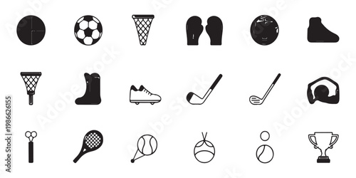 Set of minimalist sports equipment icons including soccer ball basketball net boxing gloves bowling ball athletic shoes golf club tennis racquet cup.