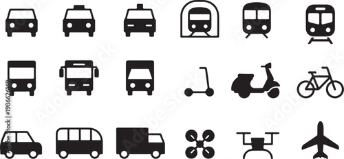 Vector graphic illustration of various transportation vehicles and modes of transport
