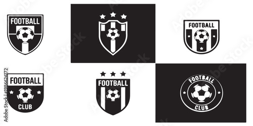 Set of sports team crests and soccer logos featuring ball silhouettes stars and decorative shields for athletic organization branding and identity design.