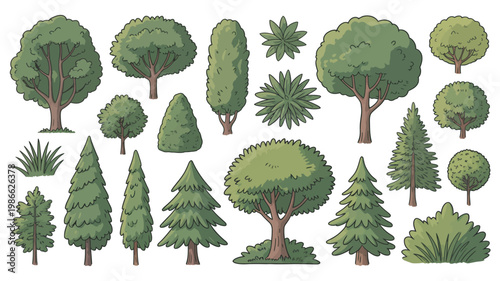Illustrated set of tree and shrub symbols for landscape design plans, botanical elements for site mapping, clean vector illustration.