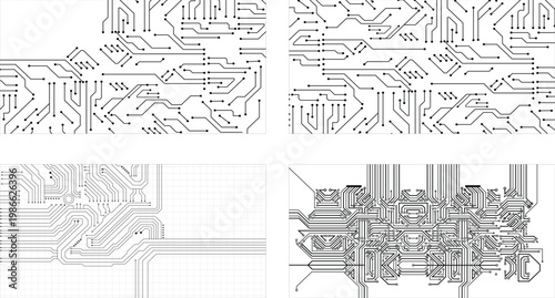 Collection of 4 Technology Circuit Board. Vector Technology Motif with Soldered Connections. Circuit Diagram Style Tech Wallpaper