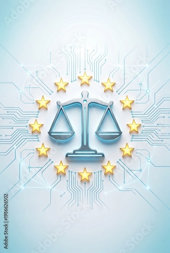 EU Digital Justice Concept with Balance Scale and Circuit Network